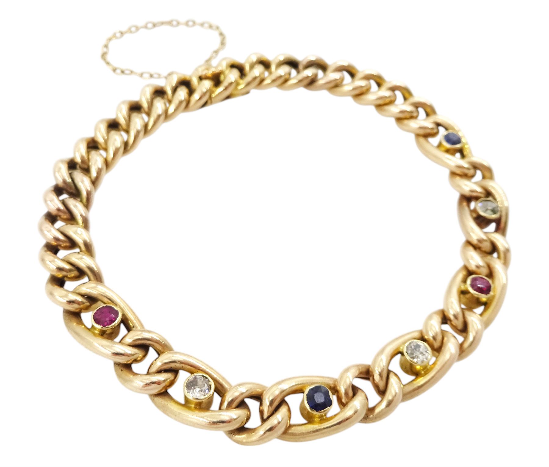 Early 20th century 15ct rose gold diamond, sapphire and ruby curb link bracelet, stamped 15