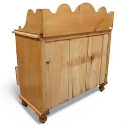 Victorian pine pot cupboard washstand, shaped arched gallery back with scroll carved ends, rectangular top over two short and two long drawers with turned wooden knobs, raised on squat turned feet