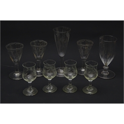 A group of nine Edwardian drinking glasses, a number with etched decoration, largest H15cm. 