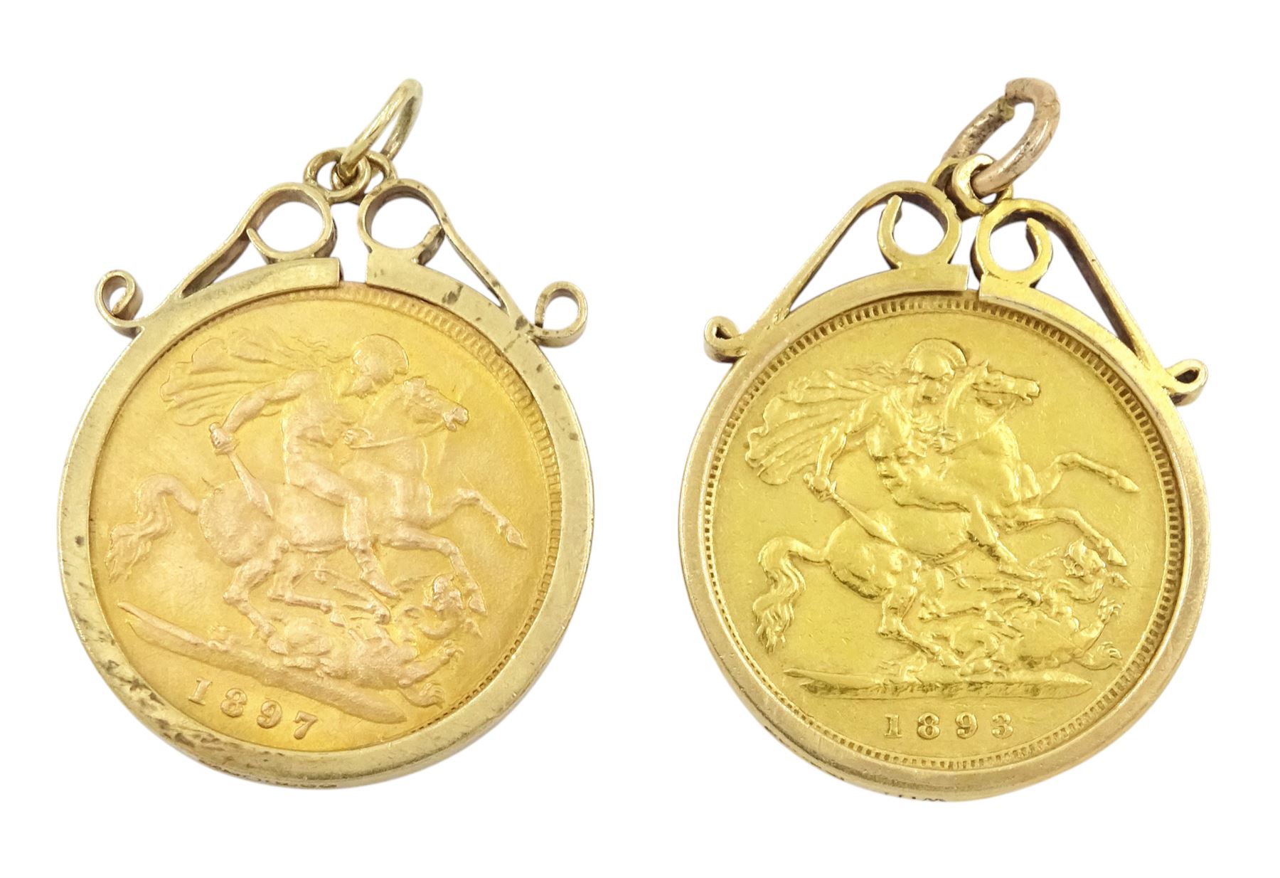 Two Queen Victoria 1893 and 1897 gold half sovereign coins, loose mounted in 9ct gold pendant mounts, hallmarked
