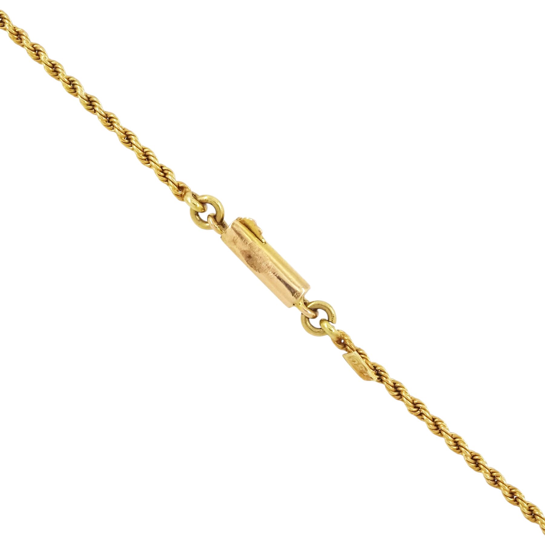 Early 20th century 15ct gold pearl, diamond and garnet pendant necklace, the flower wreath pendant, set with split pearls, a single old cut diamond  and green garnet, on a rope twist necklace, both stamped 15c
