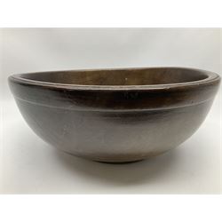 19th century sycamore dairy bowl, of circular form with turned bands to rim and short circular foot, H13cm D35.5cm