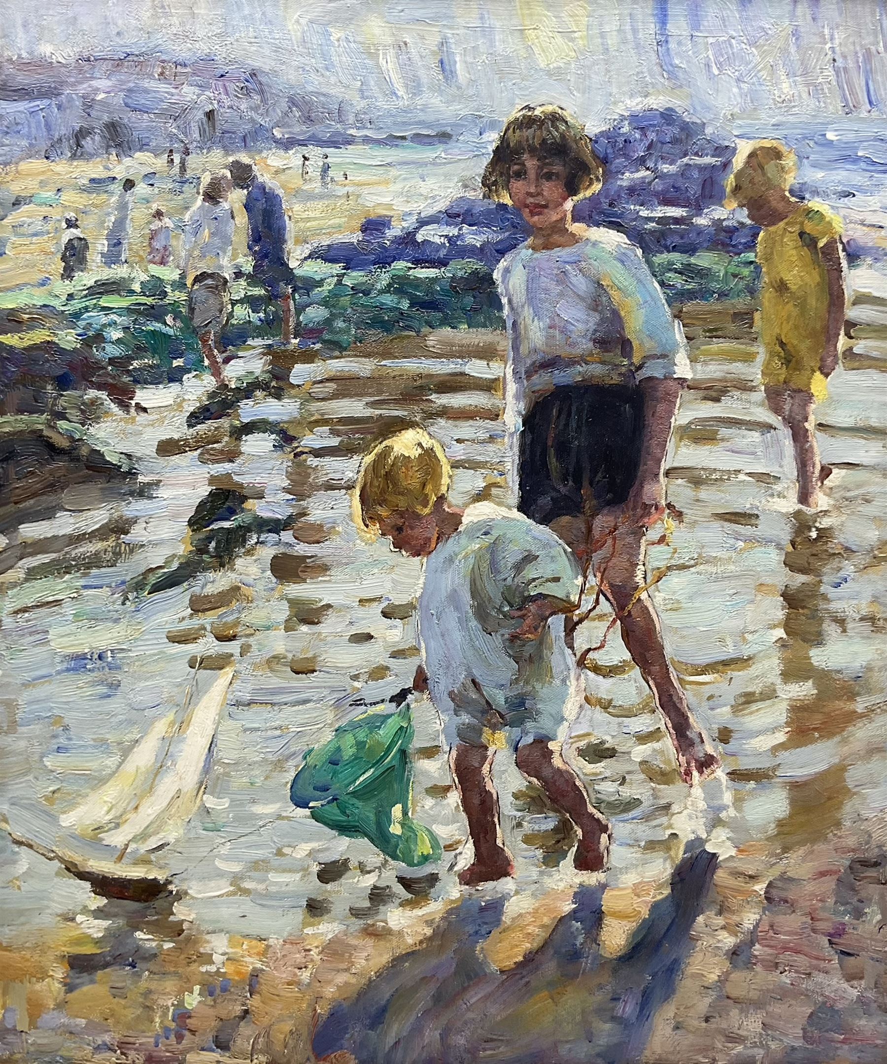 Follower of Dorothea Sharp (British 1874-1955): Children on the Beach, oil on canvas unsigned 59cm x 49cm