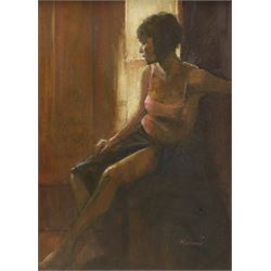 Pat Maclaurin (British 1933-2022): 'Reverie', oil on board signed, labelled verso 39cm x 29cm