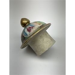 A 19th century Chinese Canton Famille Rose vase, of globular form with tall neck, and cover with finial, decorated with alternating panels of figural scenes, and birds and butterflies amongst blossoming and fruiting trees, with foliate surround against gilt, overall H57cm. 