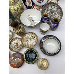 A group of assorted 20th century and later Oriental ceramics, to include part Satsuma dressing table set, pair of ginger jars and covers, various vases, etc., together with a selection of small Cloisonné items. 