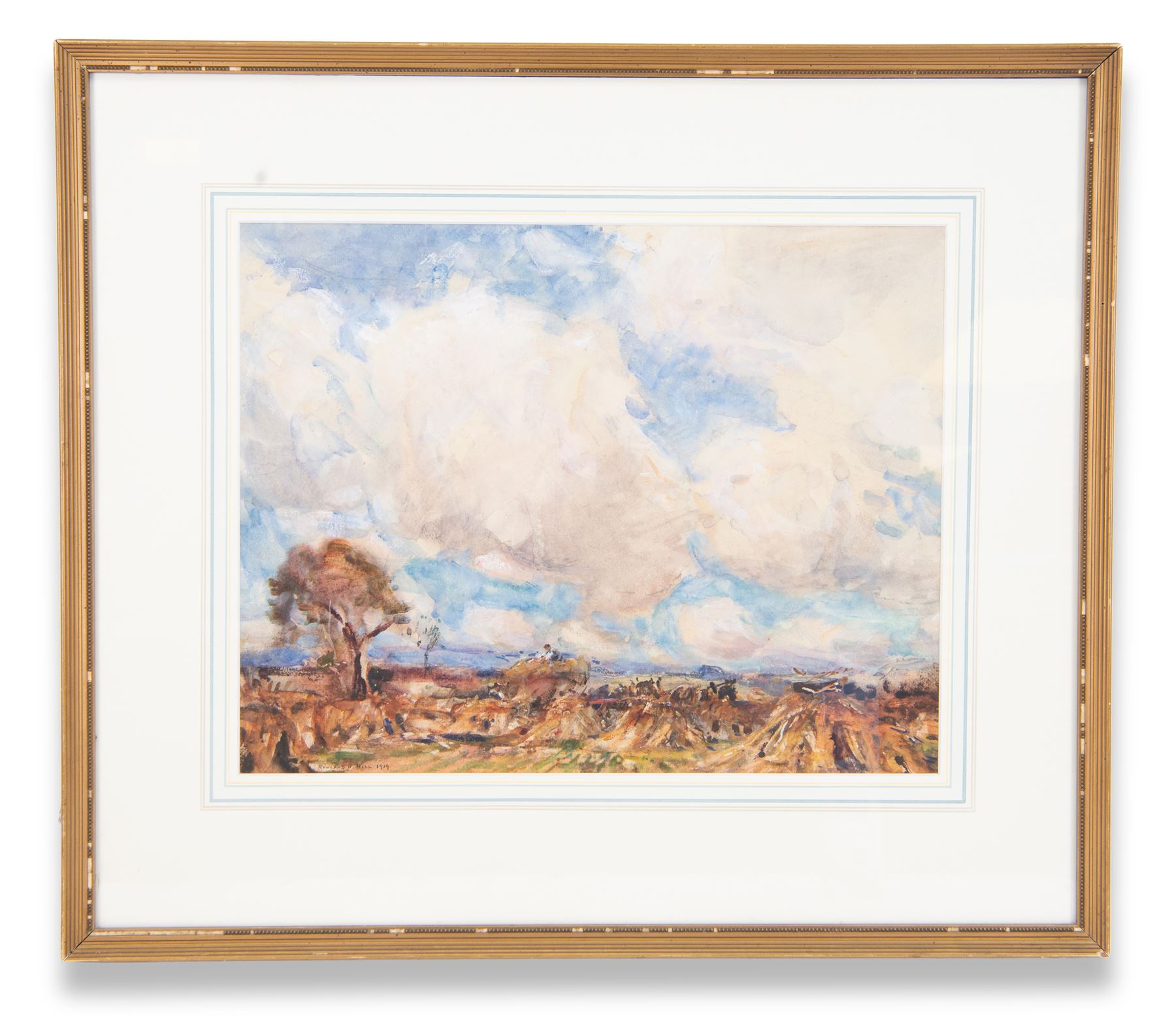 Rowland Henry Hill (Staithes Group 1873-1952): The Hayfield under Heavy Clouds, watercolour and gouache signed and dated 1919, 34.5cm x 44.5cm
