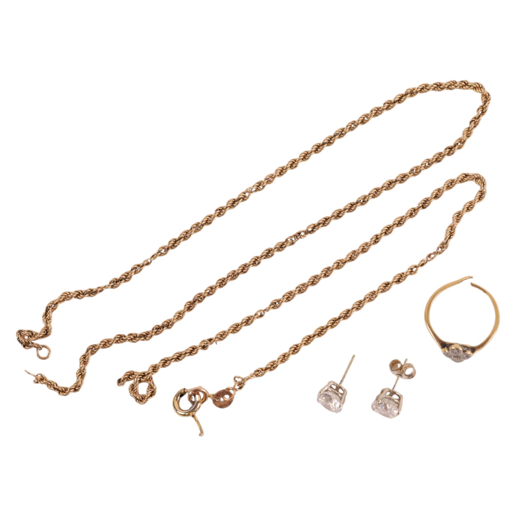 18ct gold diamond ring, pair of 9ct gold cubic zirconia stud earrings and 9ct gold chain links