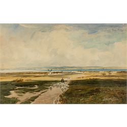 Thomas Swift Hutton (British 1860-1935): Shepherd Herding Flock through a Flat Landscape, ...