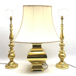 Large brass table lamp of square bulbous form on bracket feet with shade, H83cm overall 