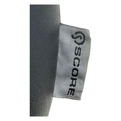 Score - contemporary 'Amazone' saddle stool, upholstered in black leatherette with adjustable height and tilt mechanism, raised on chrome spoke base fitted with castors