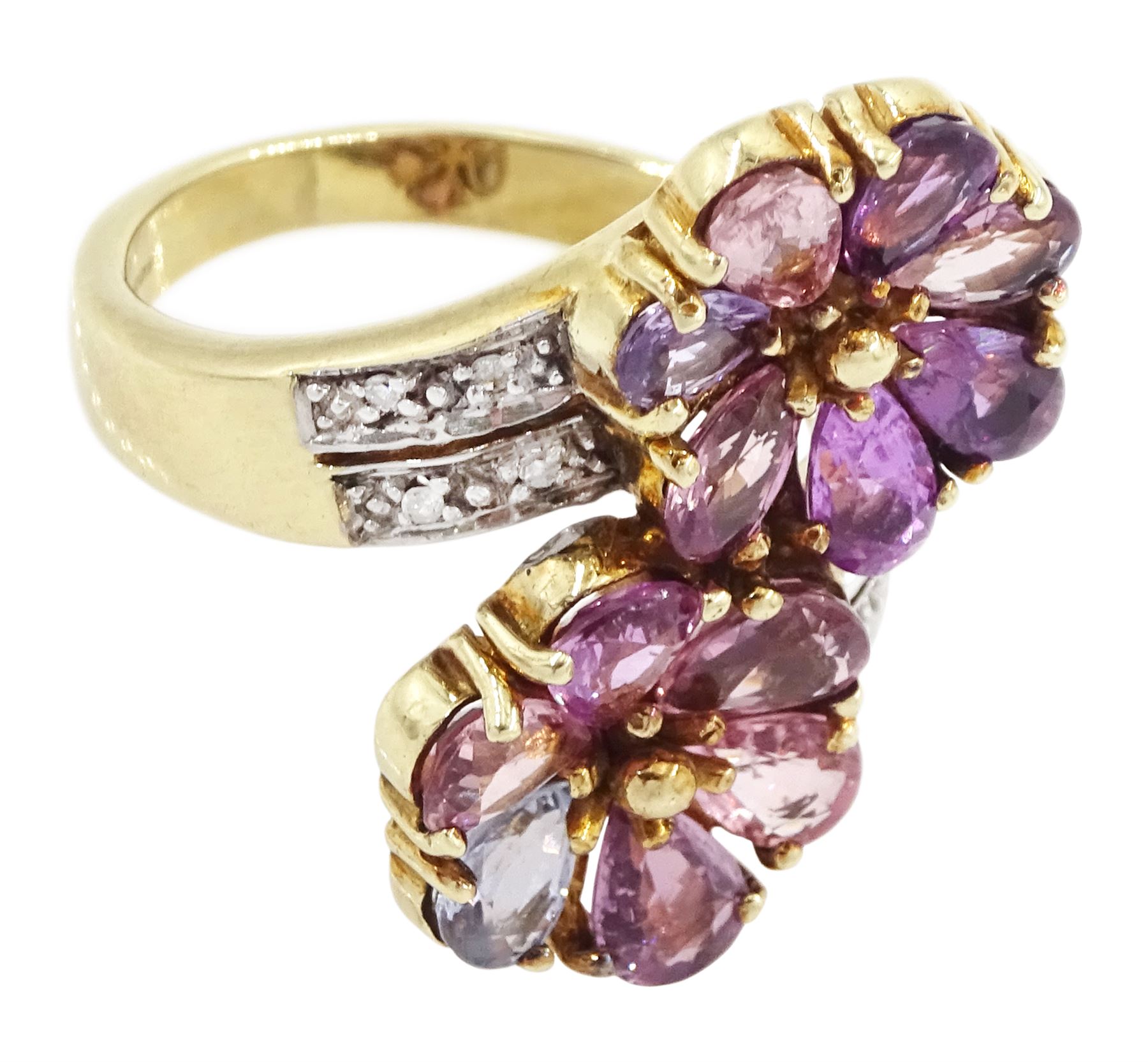 9ct gold sapphire and diamond flower head crossover ring, two flowers each set with pear cut, multi-coloured sapphires, to split diamond set shoulders, Birmingham 2006, total sapphire weight approx 3.30 carat