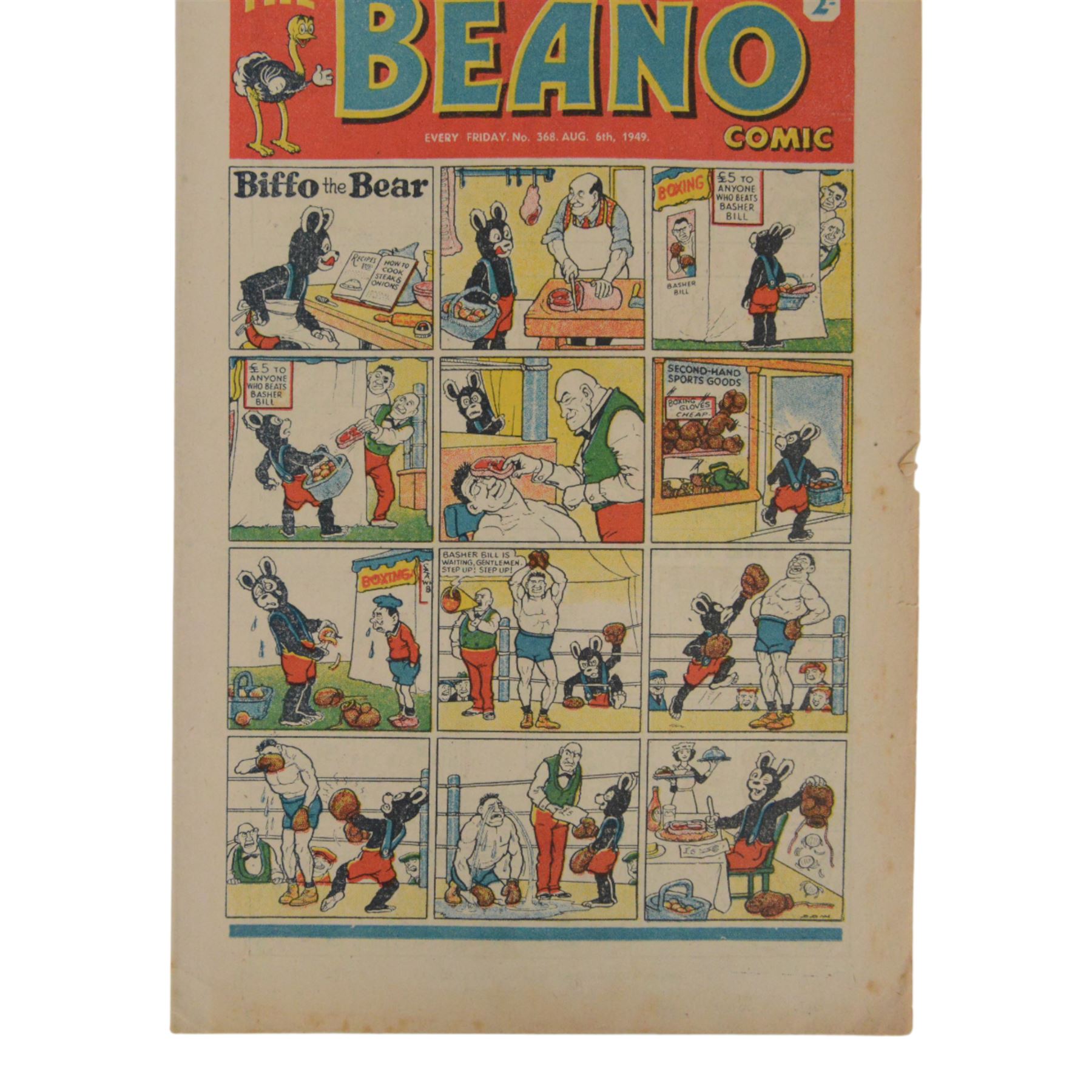 Seven 1940s and 50s The Beano comics, including 1941 issue no.166 propaganda war issue, with Big Eggo black-out cover, 1948 issue no.329, 1949 issue no.368, 1949 issue no.379, 1950 issue no.398,  1950 issue no. 424 and 1954 issue no. 603