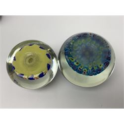 John Ditchfield for Glassform iridescent glass paperweight, together with two millefiori paperweights and one other 
