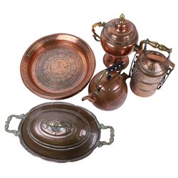 Collection of metalware including two metal chargers, three tier tiffin box etc