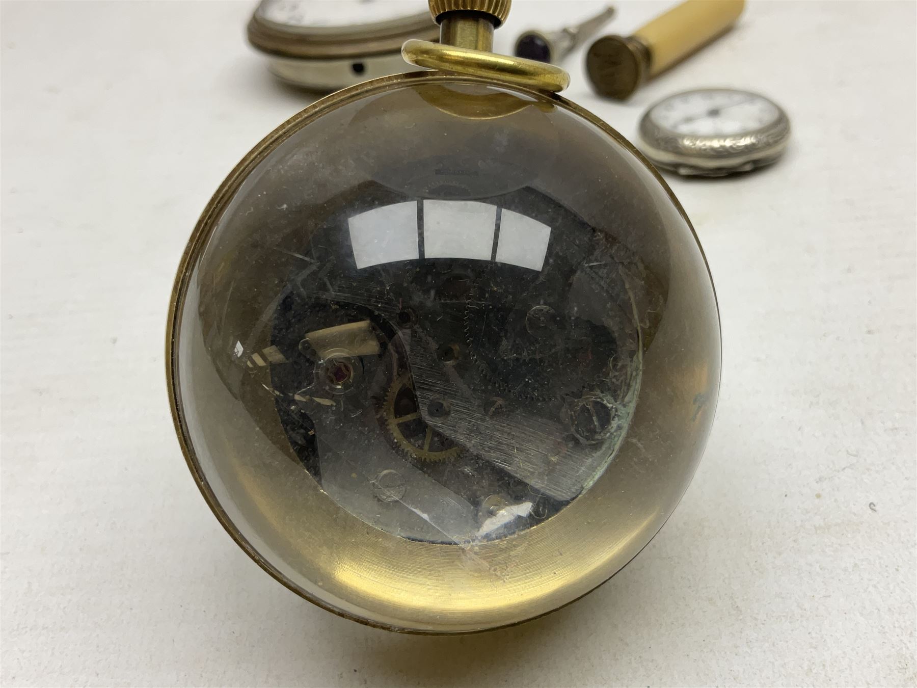 Three silver cased open face pocket watches, together with two other watches, horn pendent etc 
