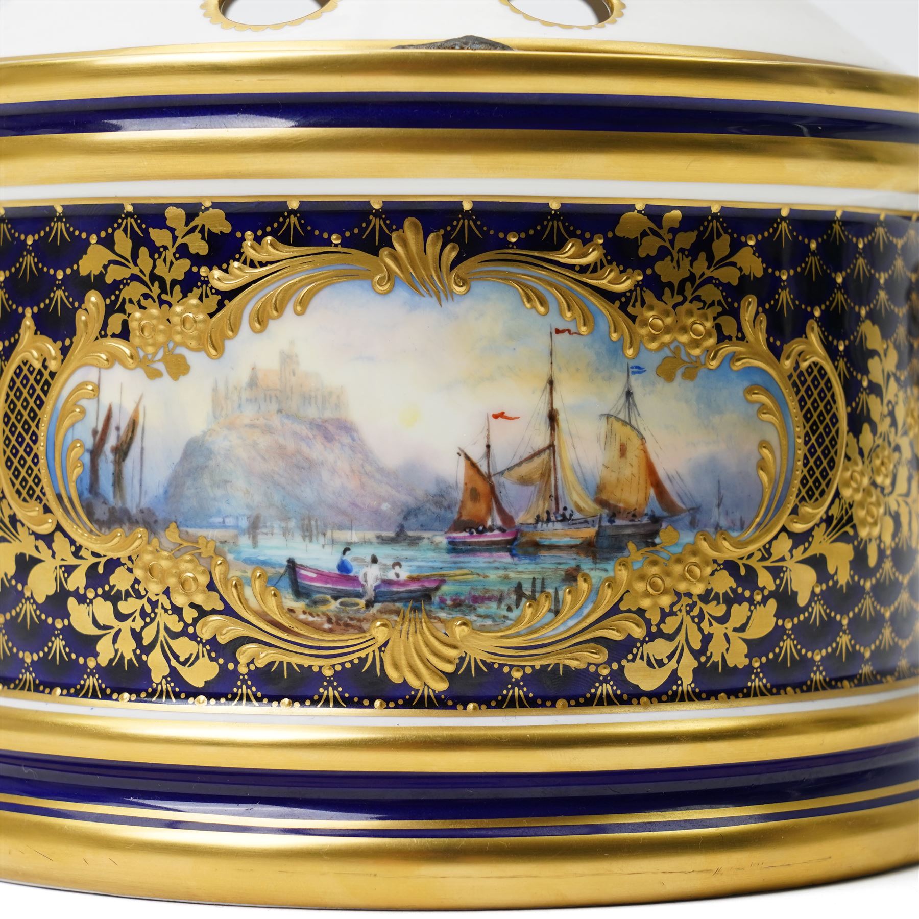 Lynton Porcelain Company demi-lune bough pot and cover, painted with naval scene, printed marks to base, W18cm 