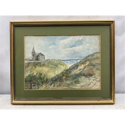 NC Hanson (British 20th Century): Sheep Grazing in the Lavender, oil on board signed 33cm x 47cm; Claud E Pease and Winifred P T* (British 19th/20th Century): Church on the Hill, watercolour signed 26cm x 37cm (2)