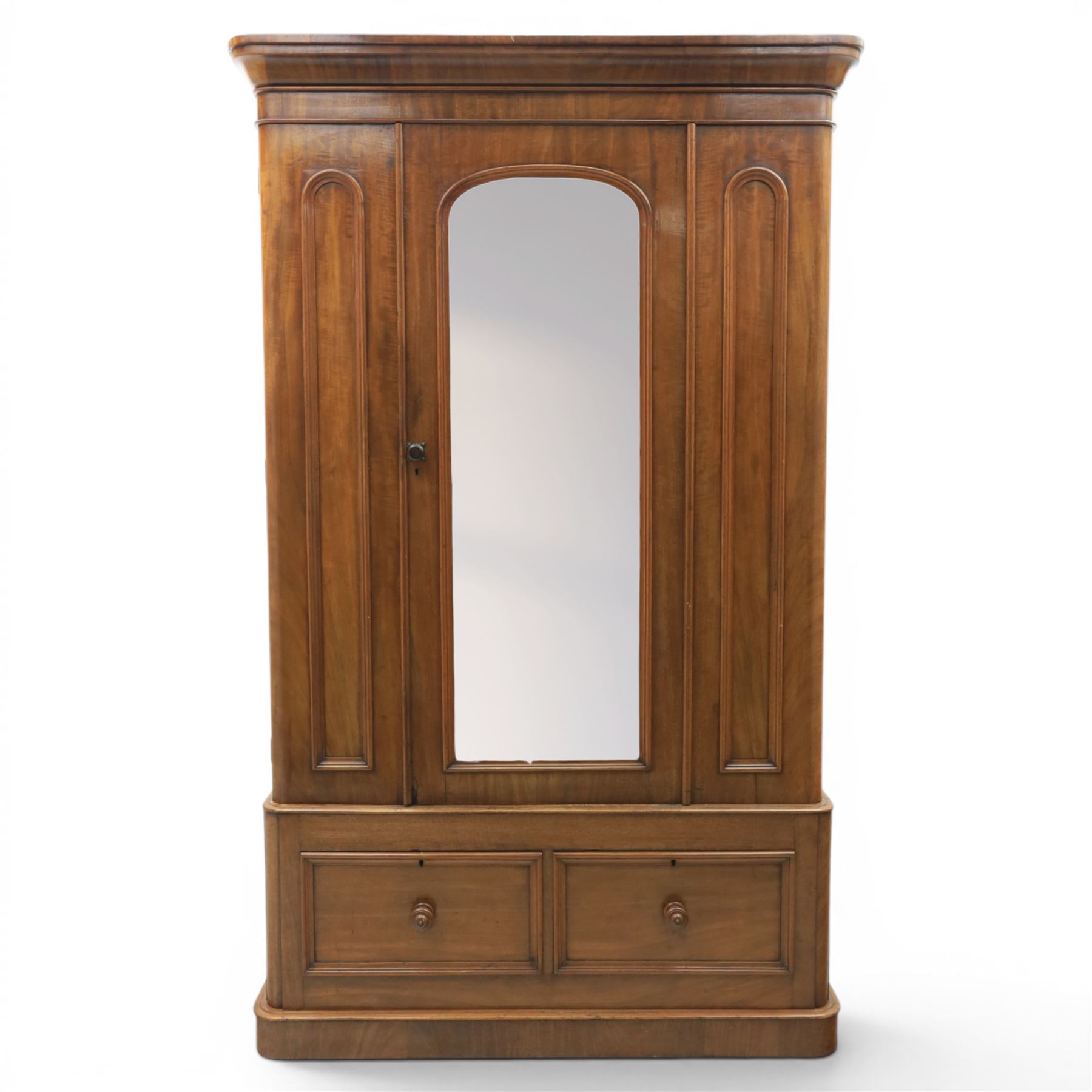 Victorian mahogany wardrobe, enclosed by single mirror door, two drawers to base