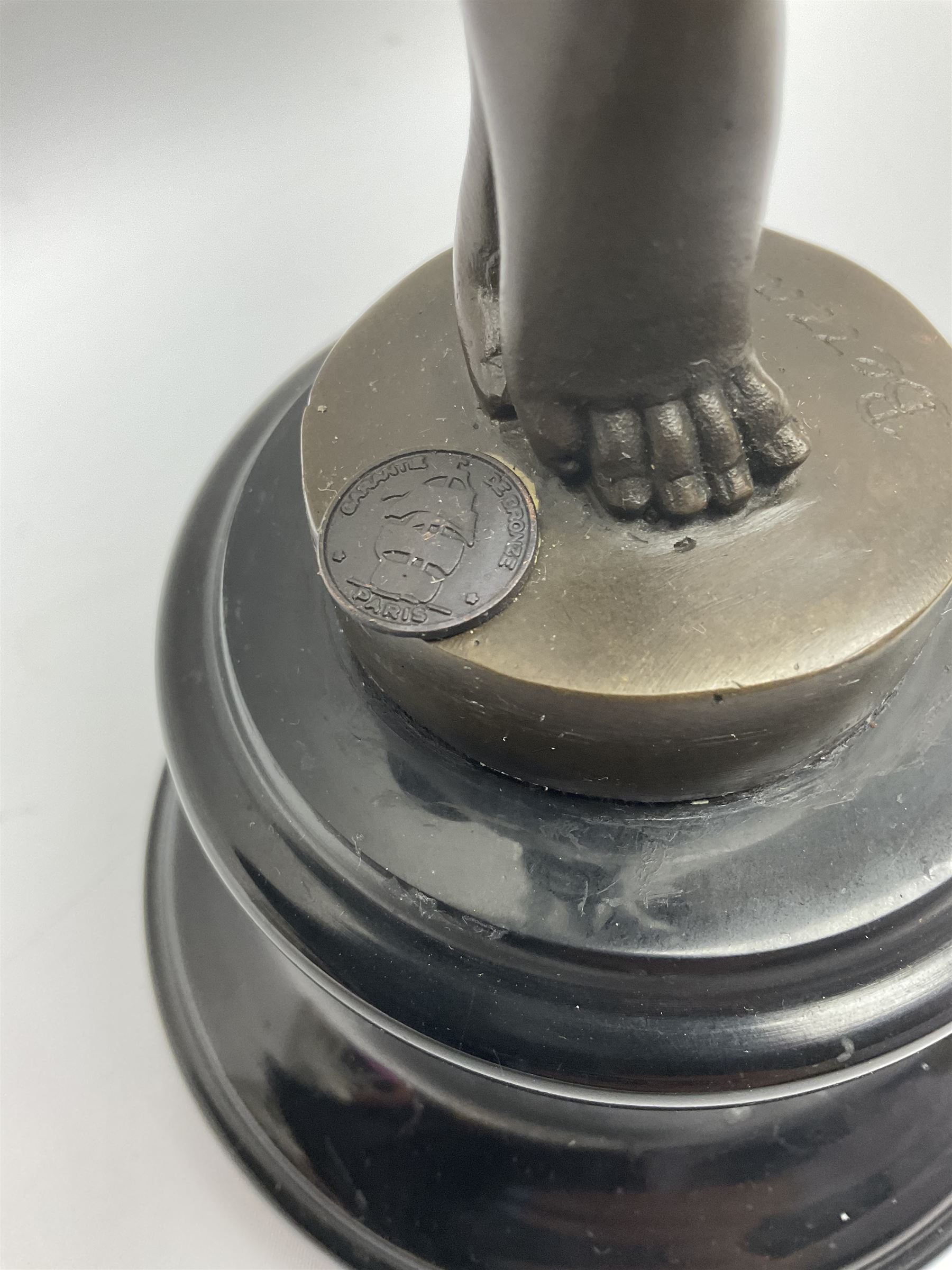 Art Deco style bronze figure of a dancer, after 'Berrard', raised upon a circular base, with foundry mark, H49cm