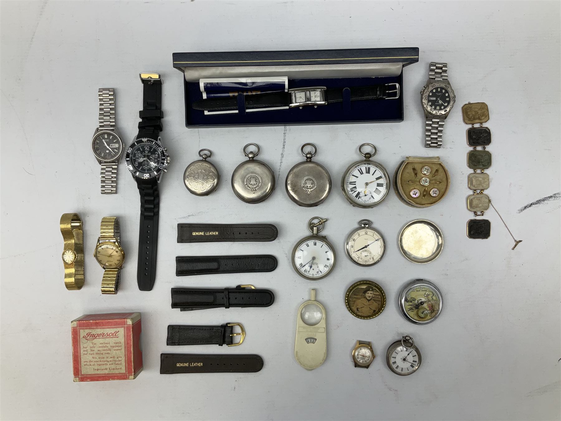 Victorian gold lava and stone set cameo bracelet, three silver pocket watches including R C. Bird Hull key wound lever,  The Veracity Masters Ltd, Rye lever, Carmichael Rotary, Dan Dare pocket watch and a collection of wristwatches including Thomas Russell & Son, 