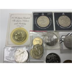 King George VI 1937 crown coin, various commemorative crowns, Queen Elizabeth II Canada 1957 and 1959 fifty cent coins, four Great British five pound coins, United States of America 1964 half dollar etc