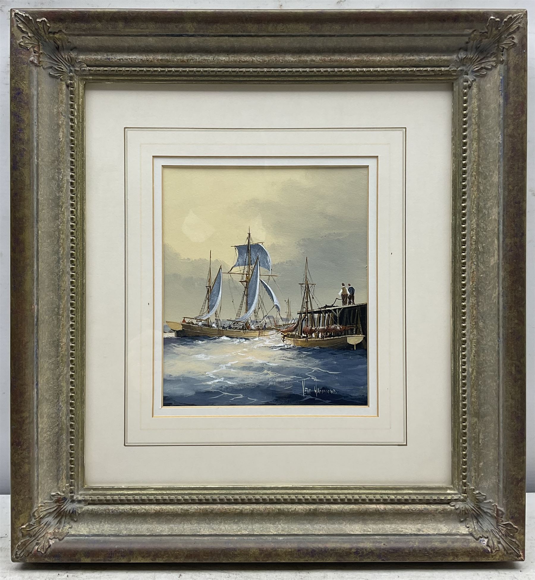Ken Hammond (British 1948-): Sailing Vessels Entering Harbour, oil on board signed 17cm x 15cm
