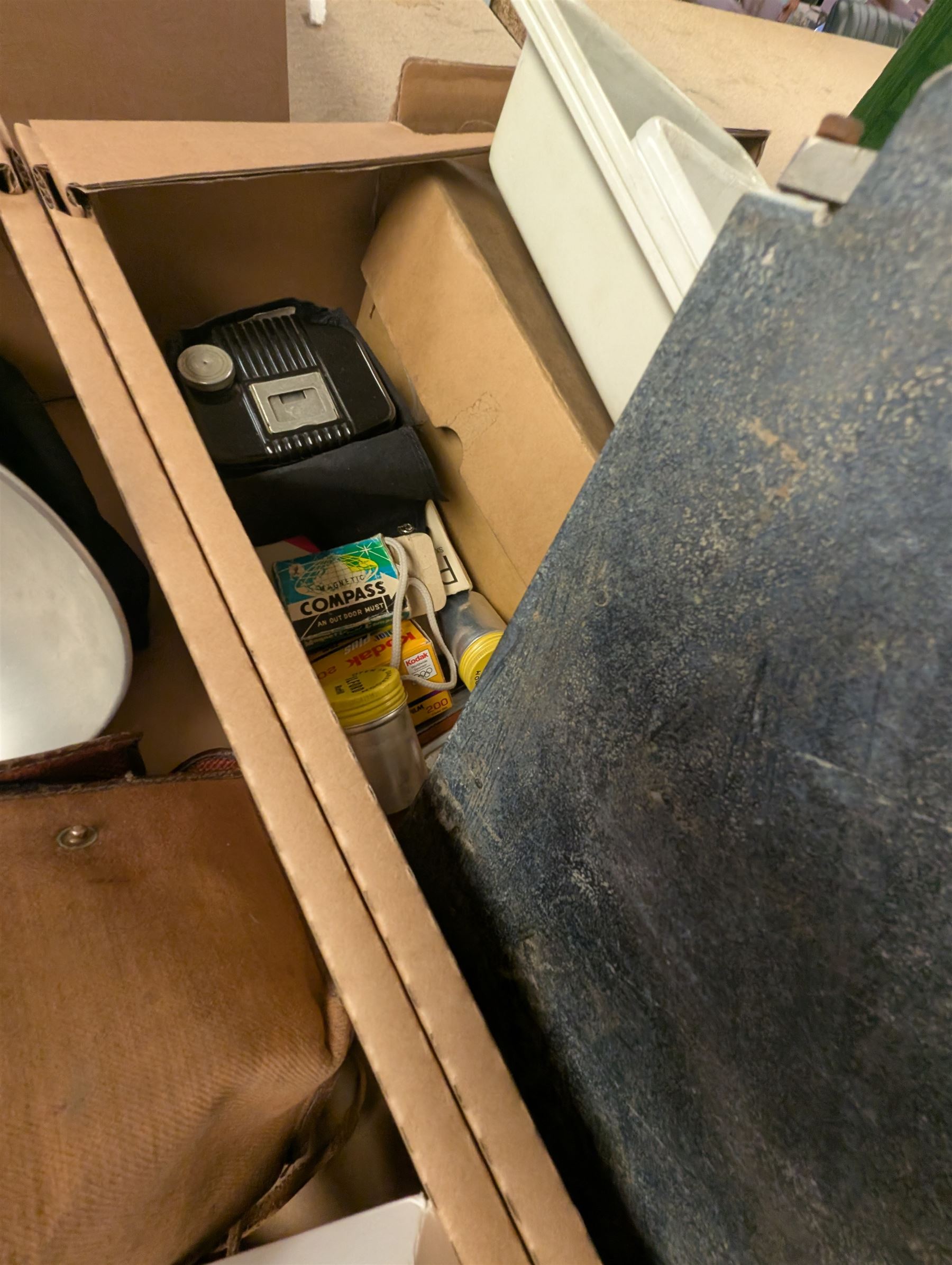 Collection of vintage cameras and photography equipment, including Minolta Riva Pico camera, Ensign Ful-VUe camera, Agfa Synchro Box, Yashica TL-Electro SLR Camera, pair of Ajaz 10x50 binoculars, etc