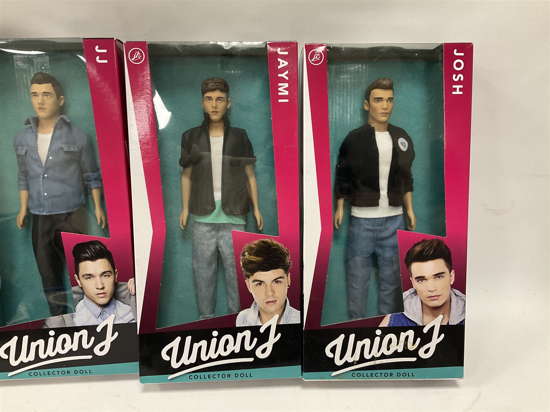 Sixteen Pop Artist collector's dolls comprising seven One Direction - Liam, Louis, Harry, two x Niall and two x Zayn; four Union J - Josh, JJ, Jaymi and George; two The Wanted - Nathan and Tom; Spice Girl Mel B; Justin Bieber; and Cody Simpson; all boxed with factory tie-downs (16)