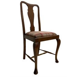 Mixed set of twelve early 20th century mahogany Queen Anne style dining chairs, all with shaped vase backs and cabriole front supports, matching drop-in seats upholstered in tartan patterned fabric