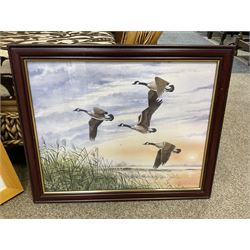 G A Townsend (British 20th century) 'The Trout Inn', watercolor signed and dated; M C W (British 20th century) The Wolds watercolor signed and dates, together with another watercolour and three landscape prints