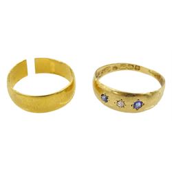 Edwardian 18ct gold gypsy set sapphire and diamond chip ring, Birmingham 1904 and a 22ct gold wedding band, Birmingham 1906