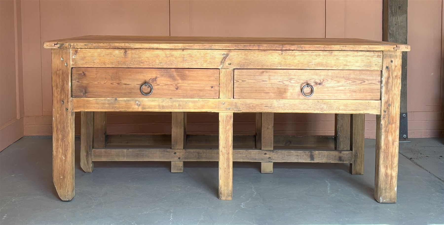 Large pine bakers table, early 20th century, the beech top above two drawers, all standing on ten square section supports, ideal for a kitchen island. H81cm, 182cm x 119cm.  - COLLECTION BY APPOINTMENT FROM: The White House, Thirsk Road, Easingwold, York, YO61 3NF - CALL 01723 507111 TO ARRANGE