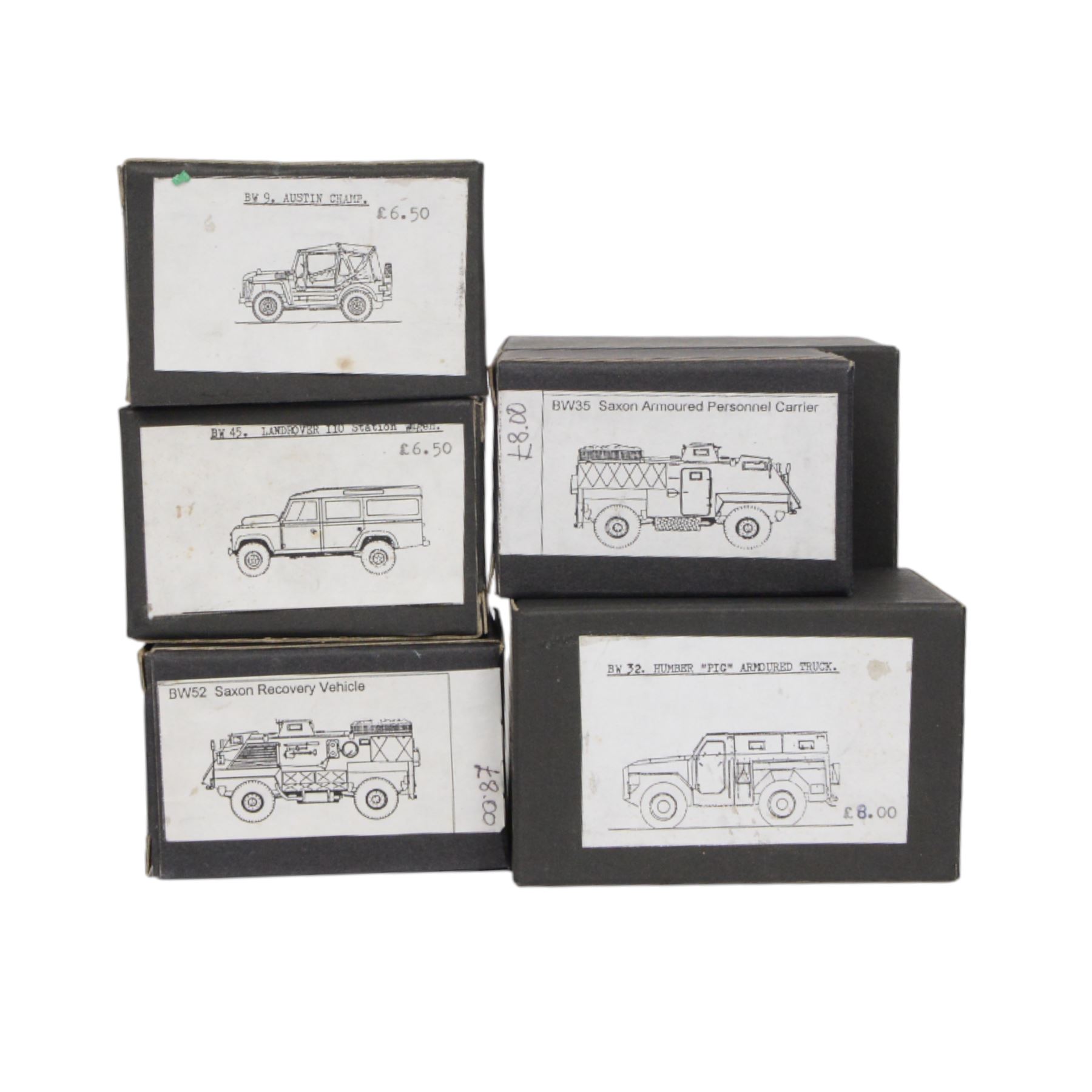 Twenty-eight BW Models 1:76 white metal model kits, including BW3 Land Rover 110 GS, BW67 MGB Transportation Pallet, BW35 Saxon Armoured Personnel Carrier, BW30 Alvis Salamander Tender, BW32 Humber Armoured Truck, BW8 Austin K9 Ambulance and BW9 Austin Tramp, all boxed, with nine load and trailer kits, all in bags (37)