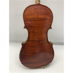 Early 20th century German Saxony three-quarter size violin with 34cm one-piece maple back and ribs and spruce top L55.5cm overall; in ebonised wooden 'coffin' case with bow
