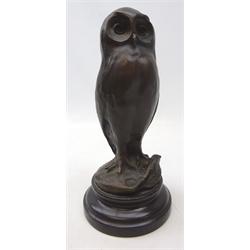  Miguel Fernando Lopez (Portuguese, 1955-) bronze study of a Barn Owl, on circular marble base, signed Milo with J.B Deposse foundry mark, H16cm   