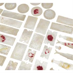 Chinese mother of pearl gaming tokens, of varying shape and design, including carved and engraved examples