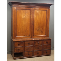  Georgian mahogany estate cabinet, projecting cornice, two panel doors, interior fitted with pigeon holes, eleven drawers, W159cm, H191cm, D59cm  