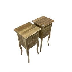 Pair hardwood bedside lamp tables, shaped rectangular top over three drawers, shaped apron, raised on cabriole supports