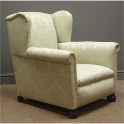  Early 20th century wingback armchair, upholstered in light green Damask fabric  