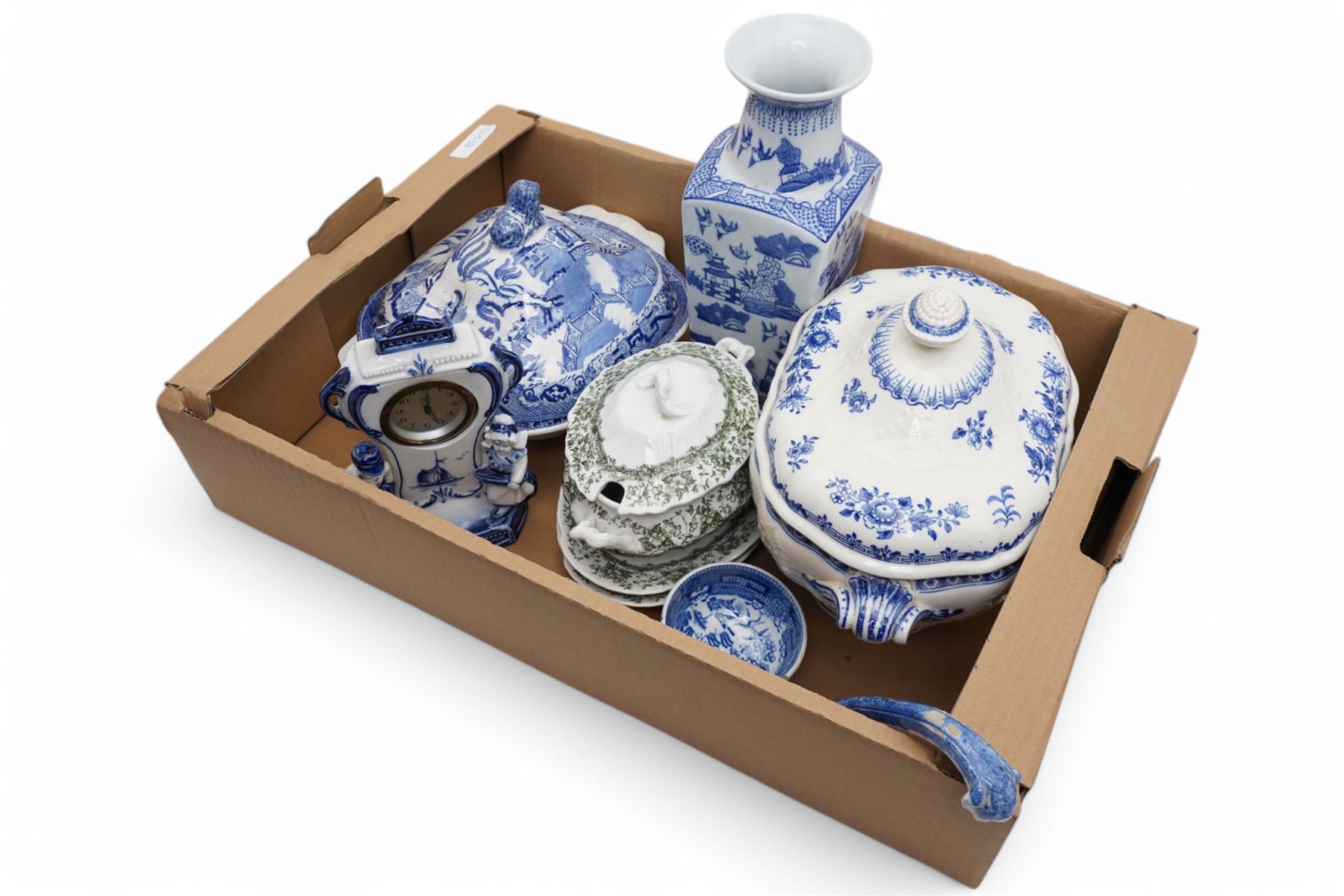 Minton blue and white soup tureen, Willow pattern vegetable dish and cover, Doulton ewer and basin and other items