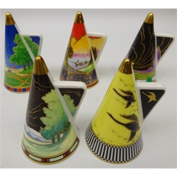  Five Royal Worcester 25th anniversary Collector's Society Art Deco style candle snuffers comprising 'Lazy Days', 'Old Windmill', 'Homeward Bound', 'Sails at Sunset' and 'Blue Lagoon' (5)  