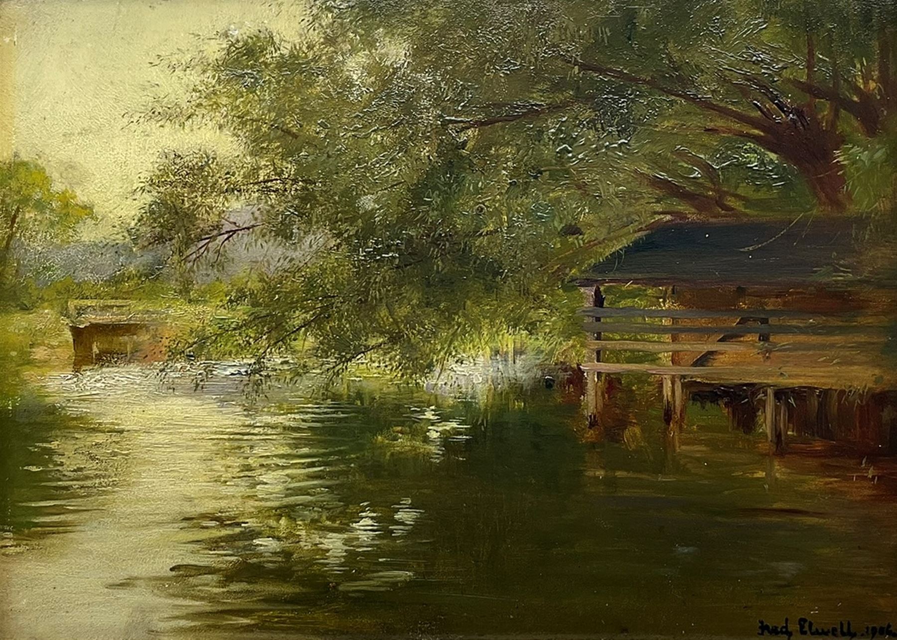 Frederick (Fred) William Elwell RA (British 1870-1958): A Quiet Water, oil on panel signed and dated 1906, 29cm x 39cm