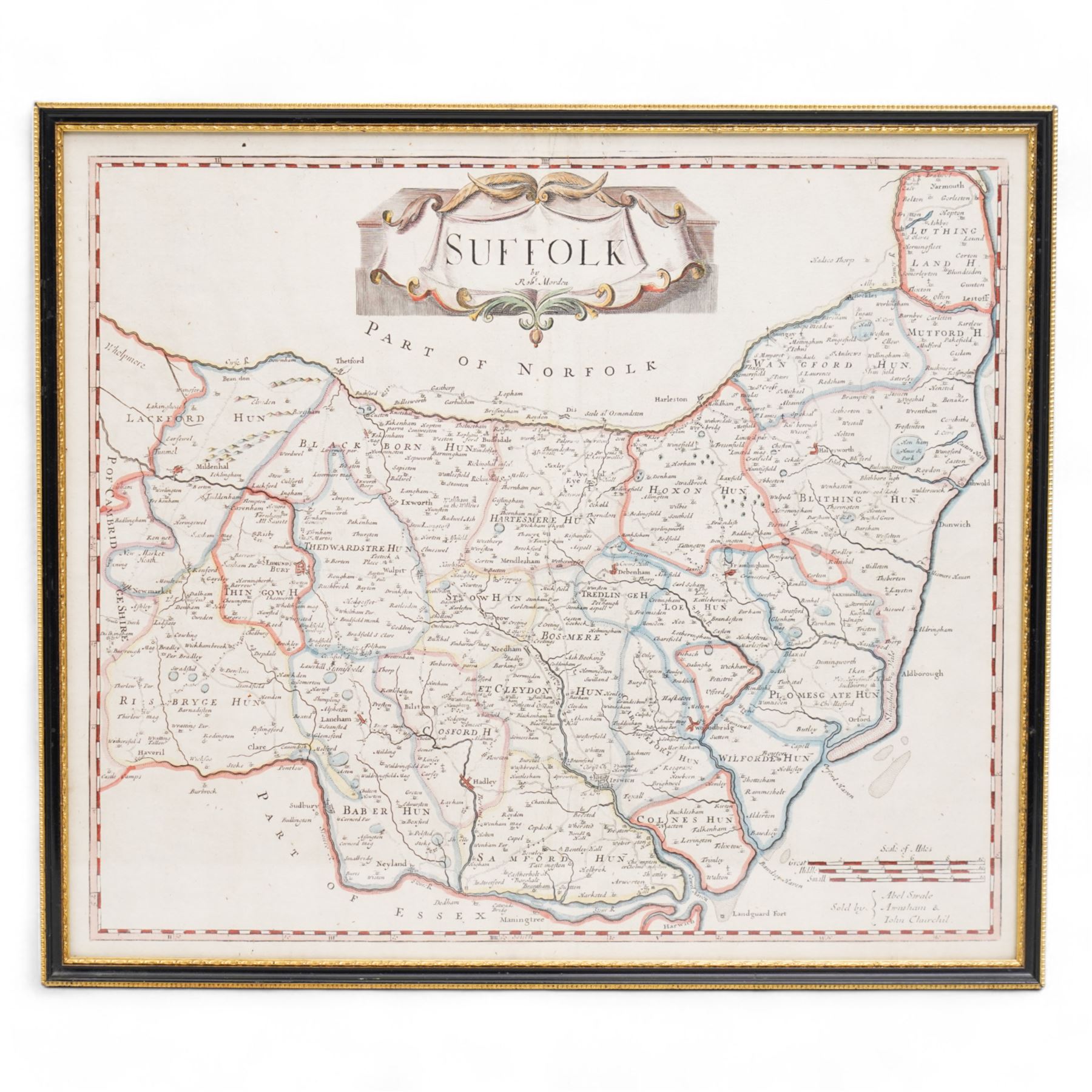 Robert Morden (British c.1650-1703): 'Suffolk', 17th/18th century engraved map with hand-colouring 38cm x 43cm