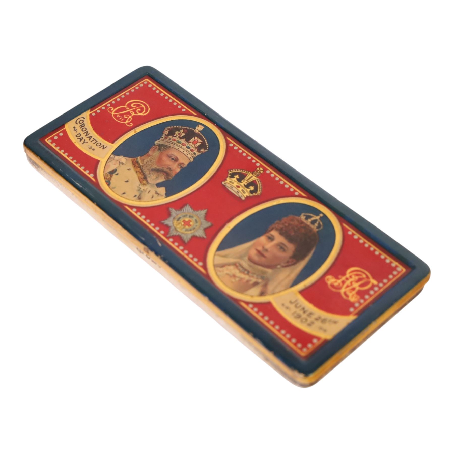 Edwardian silver and enamel Coronation chocolate box, the lid enamelled with oval portraits of King Edward VII and Queen Alexandra and inscribed: Coronation Day June 26th 1902, hallmarked Sheffield 1901 Cooper Brothers and Sons, in original presentation case

