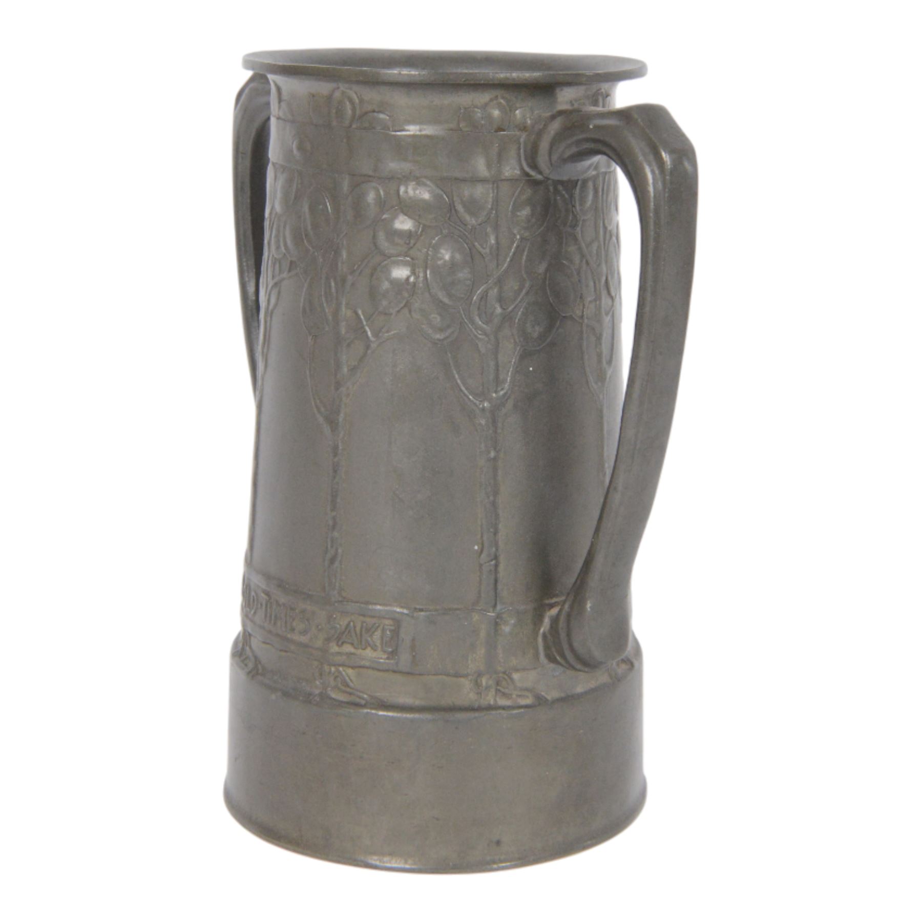 David Veasey for Liberty & Co pewter twin handled loving cup, decorated with honesty tree and embossed with the words 'For Old Times Sake', impressed beneath English Pewter 010