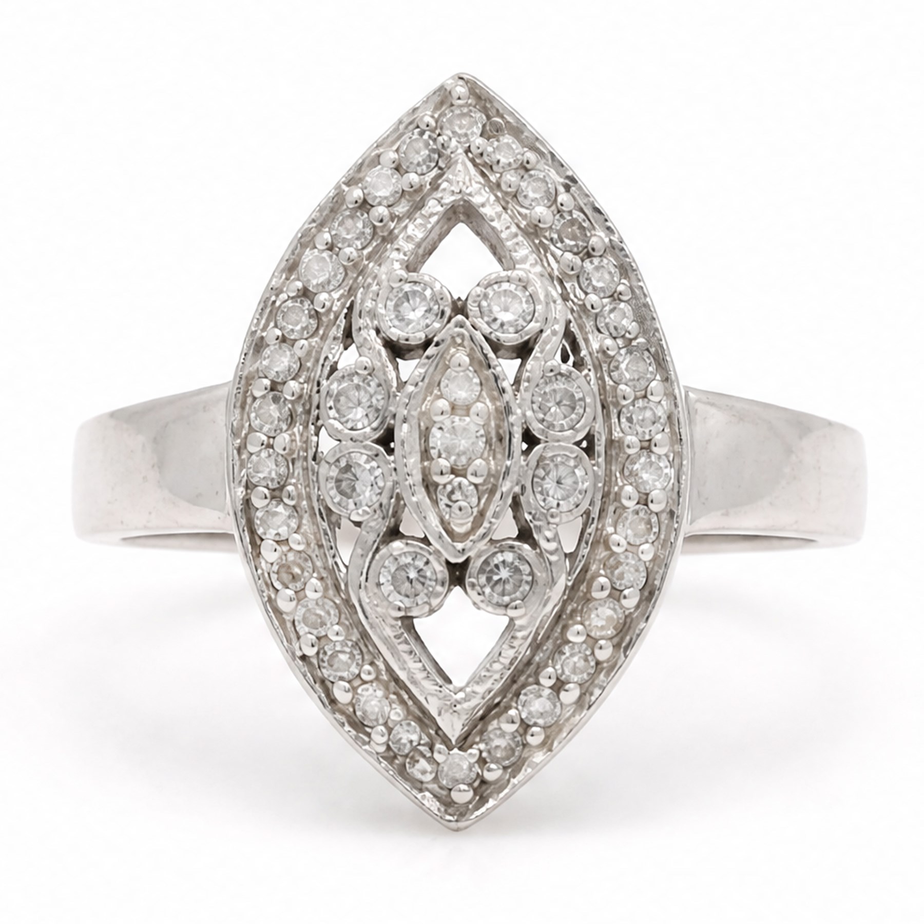18ct white gold diamond marquise shaped ring, milgrain set with round cut diamonds, London 2004, total diamond weight approx 0.25 carat