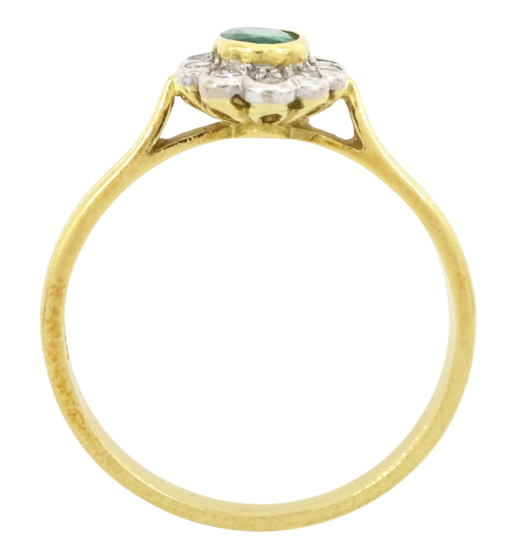 18ct gold emerald and diamond cluster ring, single oval cut emerald of approx 0.25 carat, surrounded by ten round brilliant cut diamonds, Birmingham 1995, total diamond weight approx 0.10 carat