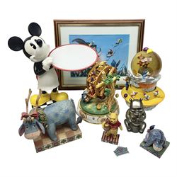 Collection of Disney figures, to include Ardleigh Elliott music box Hunny of the Day, Disney musical snow globe, Micky mouse lazy butler, Framed Bug's Life lithograph etc 