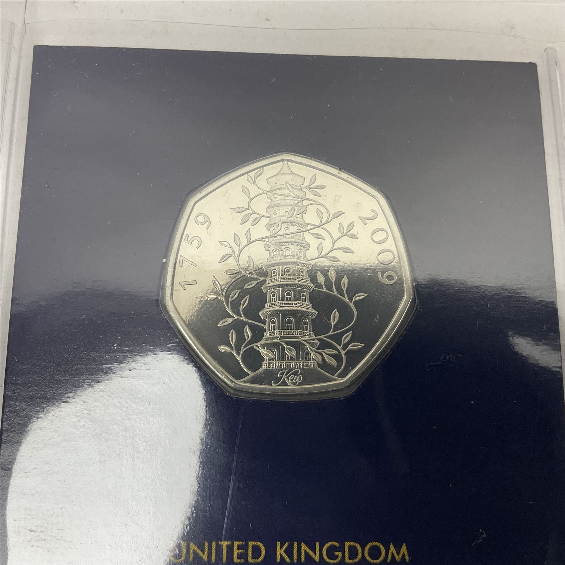 Queen Elizabeth II '50th Anniversary of the 50p 1969-2019' set of five fifty pence coins including 2019 Kew Gardens re-issue, each housed on Change Checker card